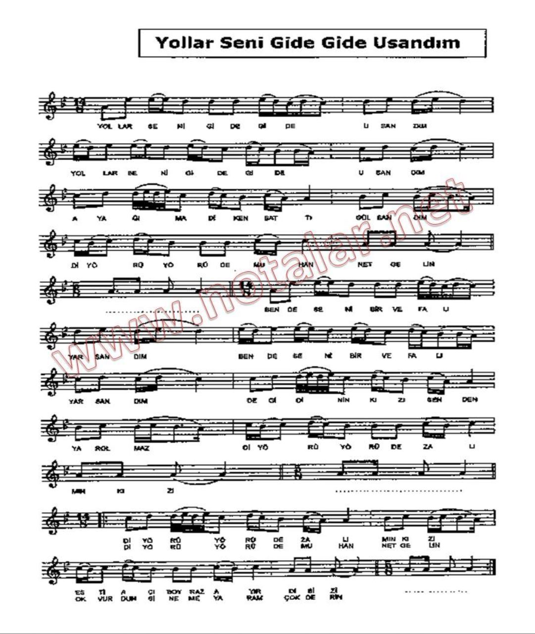 Yollar Seni Gide Gide Usandım Do Re Mi Notaları | Notalar Net | Kolay Nota